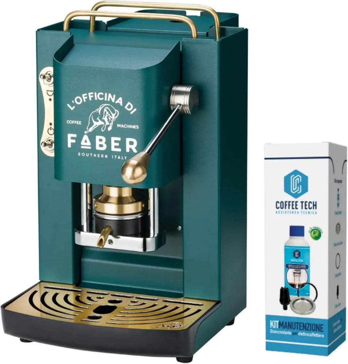 Macchina da caffè Faber PRO Deluxe con Dettagli in Ottone, Cialde ESE 44 mm e Kit Decalcificante, 20 Cialde in Omaggio (Verde Inglese)
