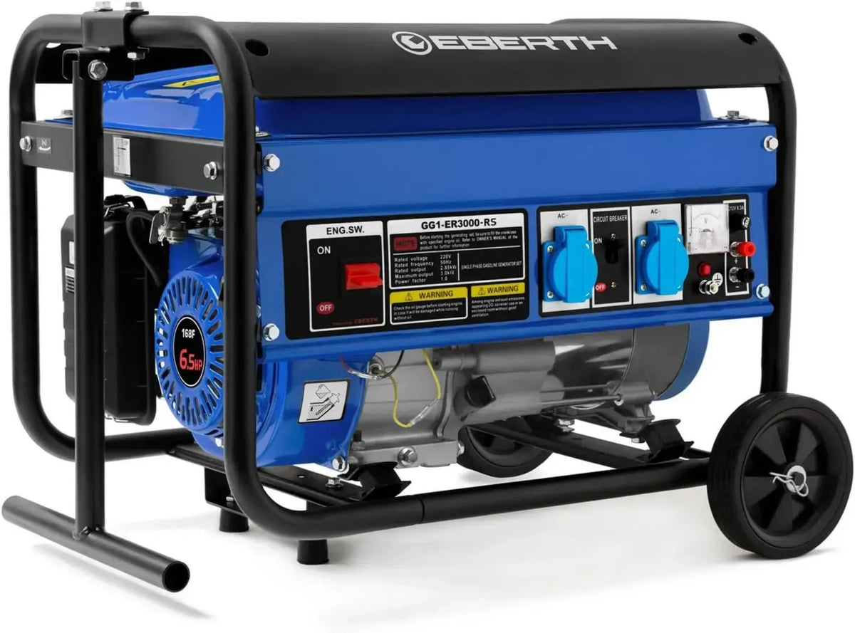 Generatore Elettrico 3000W con Ruote, Motore a Benzina 4 Tempi 6,5CV, Uscite 2x230V e 1x12V, AVR, Sicurezza Olio