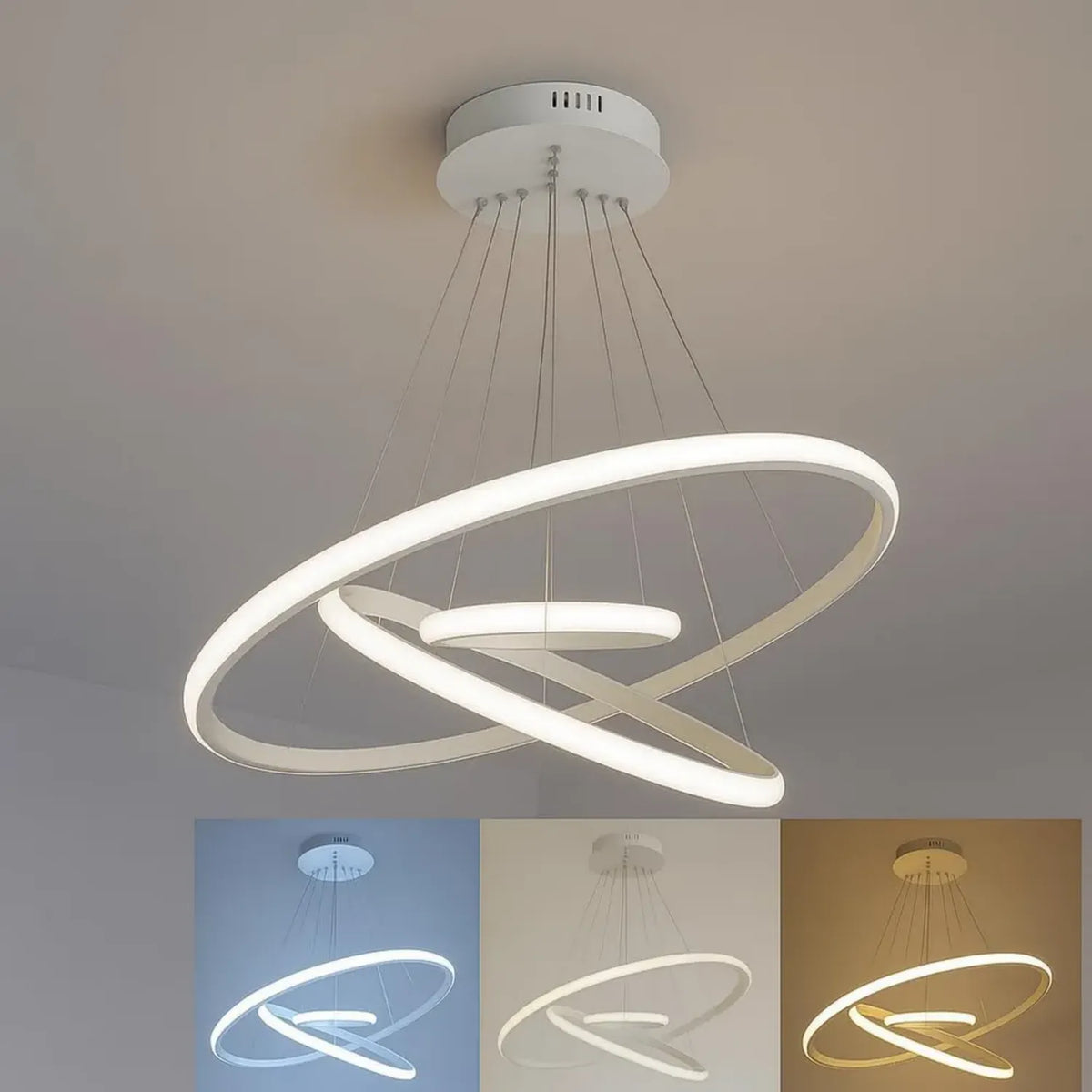 Lampadario LED a Sospensione con 3 Anelli, 68W 6000lm, Regolabile in 3 Tonalità (3000K-6500K), 220V, Ideale per Soggiorno e Camera da Letto