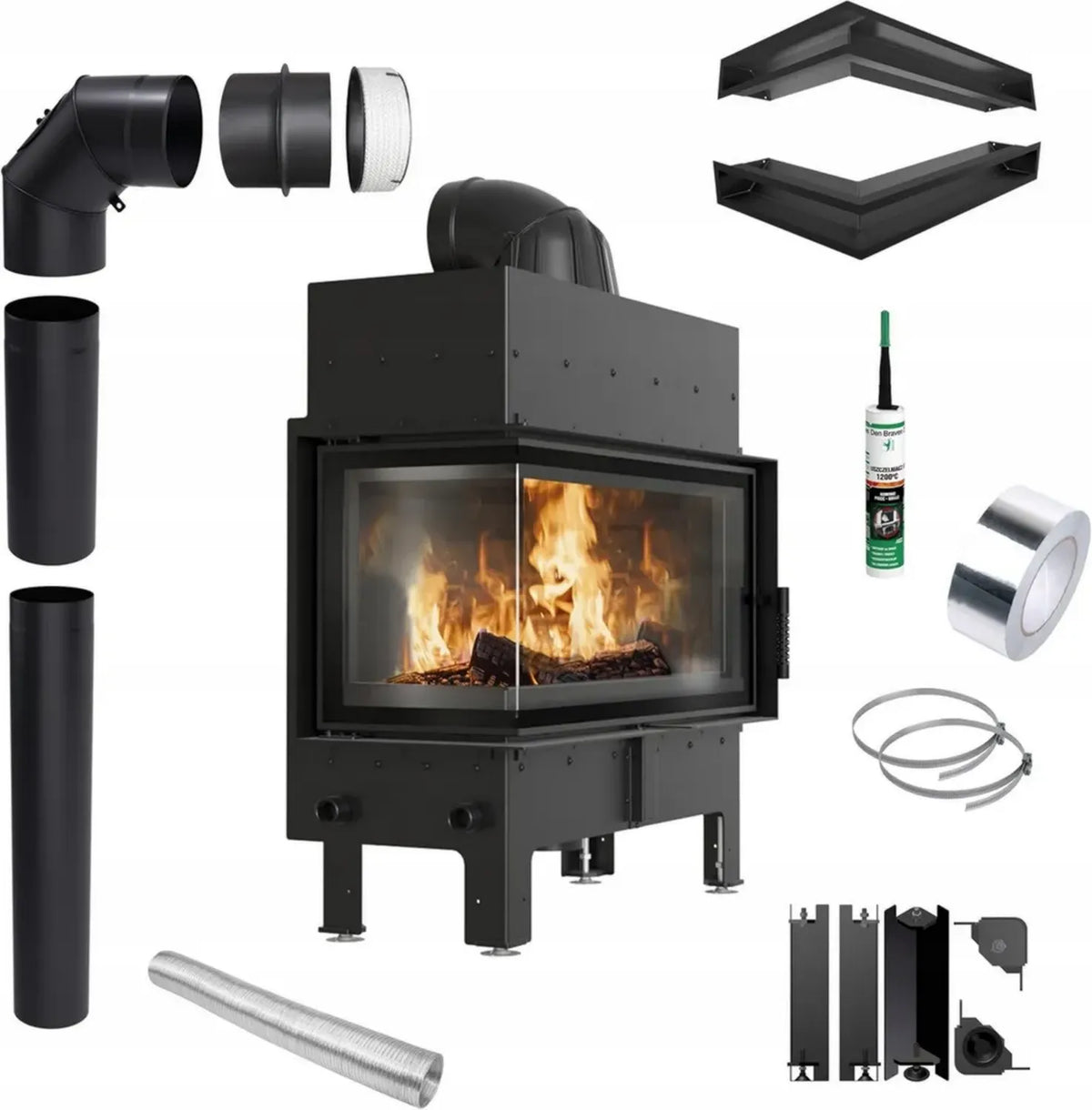Inserto camino a legna in acciaio Floki 12 kW, alta efficienza 83%, con accessori, colore nero
