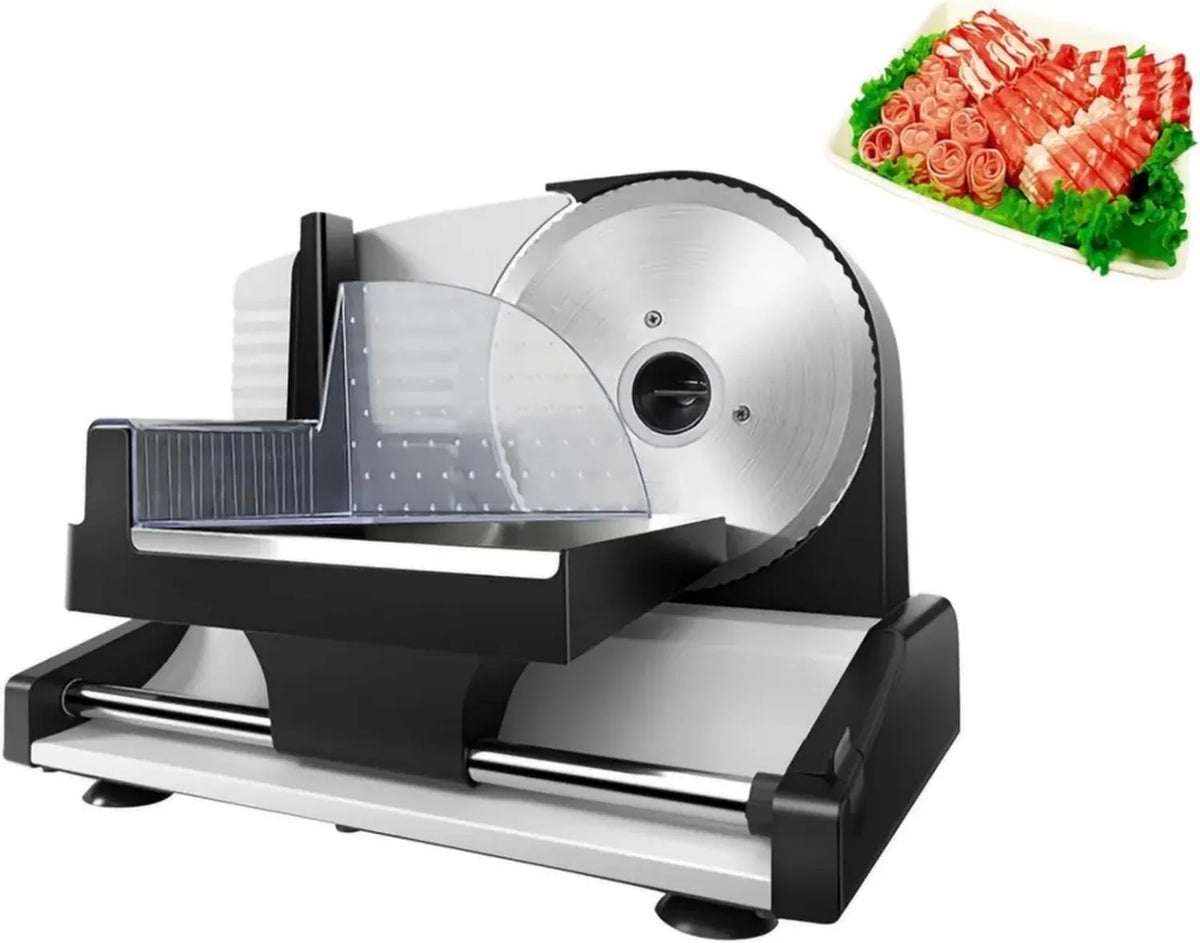 Affettatrice professionale 200W in acciaio inox, lama da 190 mm, spessore regolabile 1-15 mm per uso commerciale e domestico