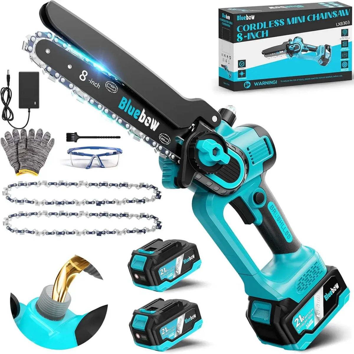 Mini motosega a batteria 20 cm, motore brushless, lubrificazione automatica, con 2 batterie 4000 mAh e caricatore