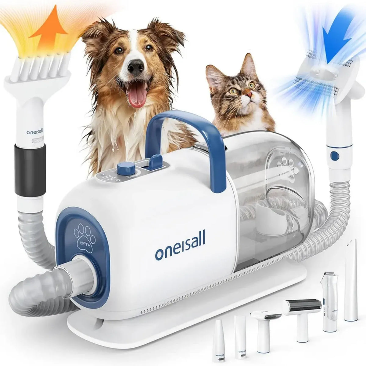 oneisall Kit Completo Toelettatura Cani: Asciugacapelli e Tagliacapelli, 15000 Pa, 7 Livelli di Calore, Flusso d'Aria Regolabile, Serbatoio 2,5 L