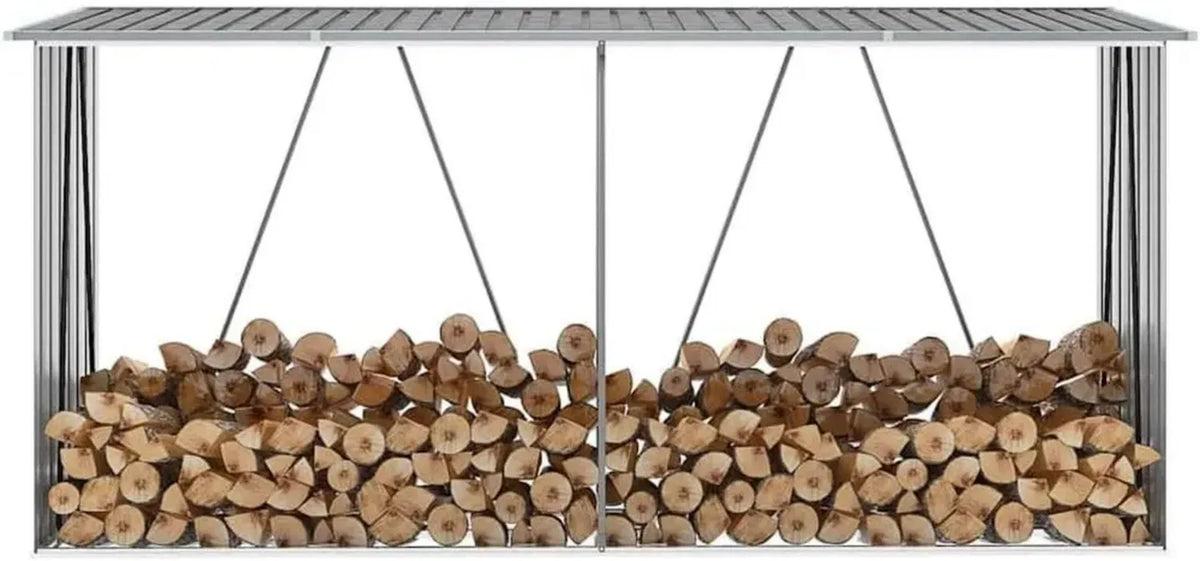 Rimessa da Giardino in Acciaio Zincato 330x84x152cm Grigio per Legna e Accessori Caminetto