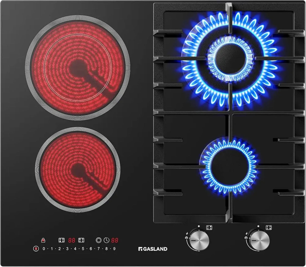 GASLAND Piano Cottura 60cm, Vetroceramica e Gas, 5200W Bruciatore Wok, 4 Zone, Nero