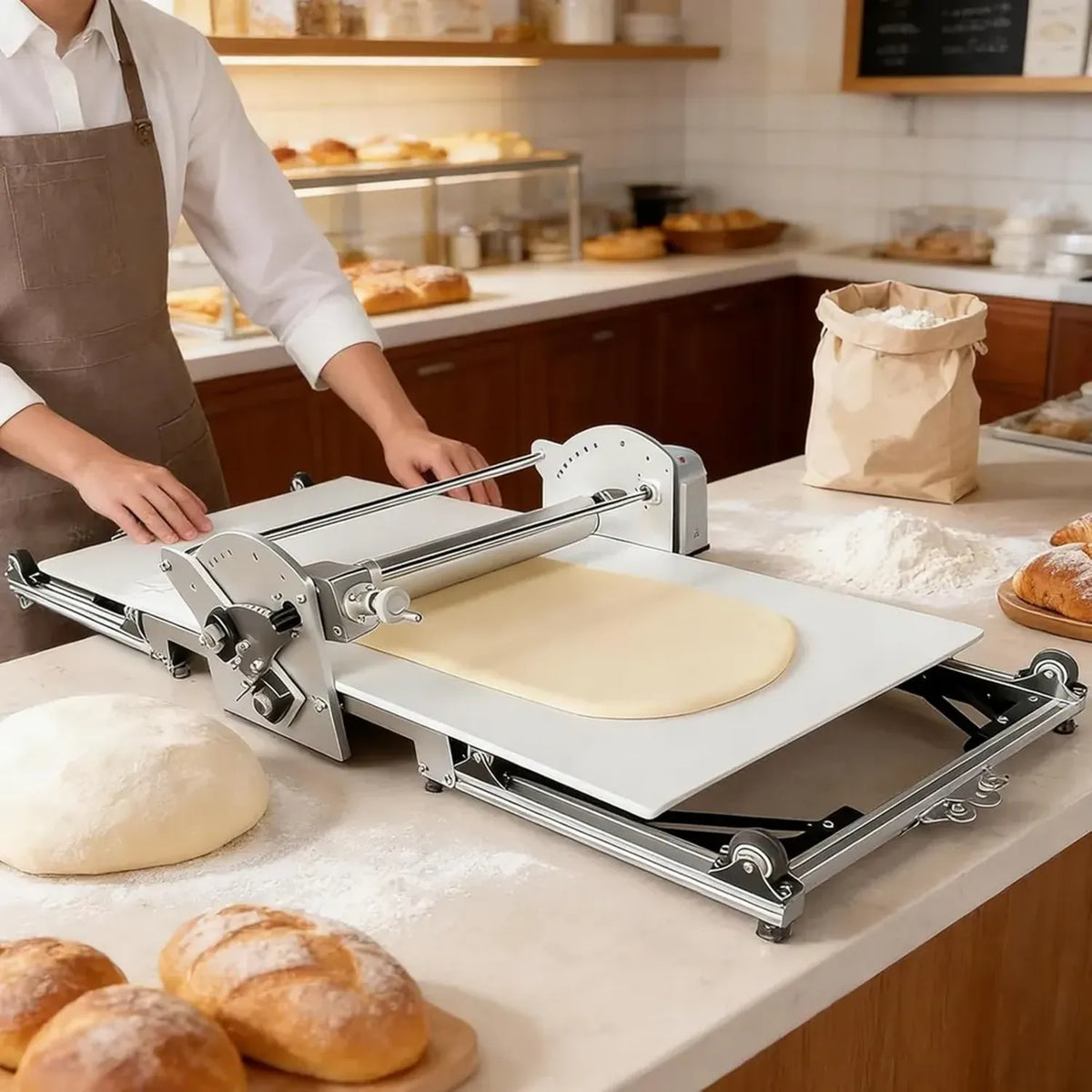 Macchina per Sfoglia Elettrica Pieghevole, Funzione Avanti/Indietro Automatica, Acciaio Inox, Perfetta per Pasticceria Casalinga