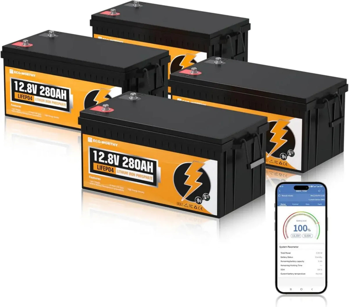 Batteria LiFePO4 12V 280Ah con BMS e Bluetooth – Pacco da 4 per Sistemi Solari