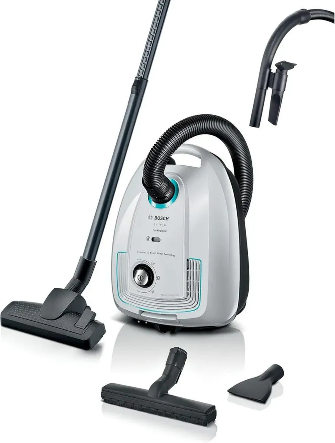 Bosch Aspirapolvere con Sacchetto Serie 4, Compatto e Leggero, Capienza 4L, Raggio d'Azione 10m, Filtro UltraAllergy, Bianco, Prodotto in Germania